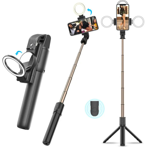 Techsuit - Selfie Stick (K13) - Compact Tripod Mount with Bluetooth Remote Control, LED Beauty Light, Foldable, 84cm - Black