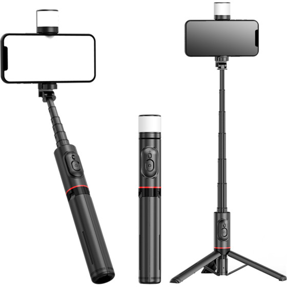 Techsuit - Selfie Stick (Q12S) - Stable Tripod Mount with Bluetooth Remote and LED Light, 75cm - Black