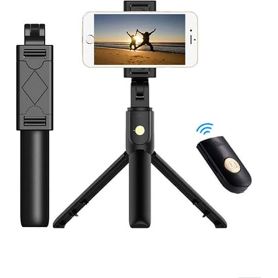 Techsuit - Selfie Stick - Compact Tripod Mount with Bluetooth Remote Control, Foldable, 70cm - Black - (K07)