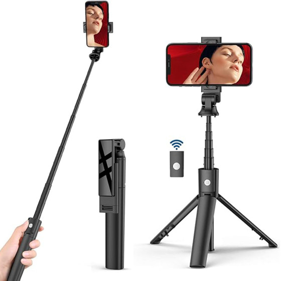 Techsuit - Selfie Stick - Compact Tripod Mount with Bluetooth Remote Control, Foldable, 97cm - Black - (K22)