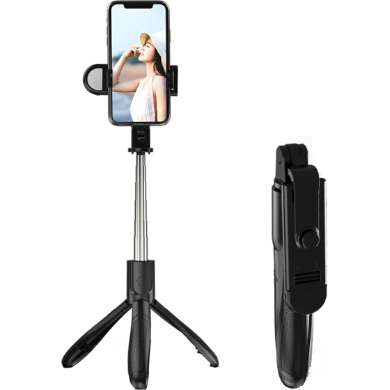 Techsuit - Selfie Stick - Compact Tripod Mount with Bluetooth Remote Control, LED Fill Light, Foldable, 70cm - Black - (S01-S)