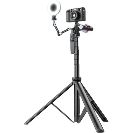 Techsuit - Selfie Stick - Large Ajustable Tripod with Bluetooth Remote Control, 360, Aluminium Alloy, 205cm - Black - (C05)
