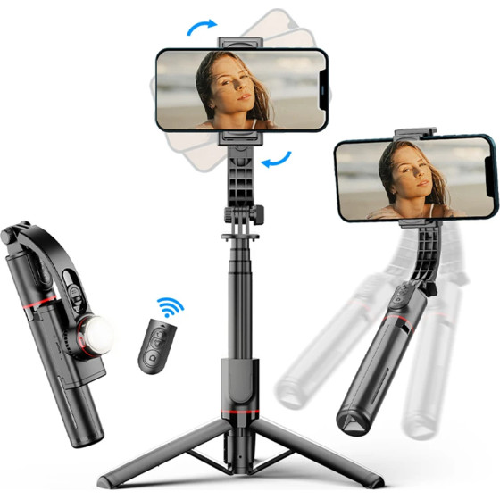 Techsuit - Selfie Stick - Stable Gimbal/Tripod with Bluetooth Remote Control, Fill Light, 360 Rotation, 70cm - Black - (L19S)