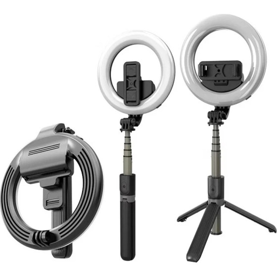 Techsuit - Selfie Stick - Stable Tripod with Bluetooth Remote Control and Beauty Ring Light, 90cm - Black - (L07)
