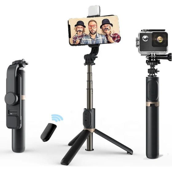 Techsuit - Selfie Stick - Stable Tripod with Bluetooth Remote Control and Fill Light, Aluminium Alloy, 76cm - Black - (Q03S)