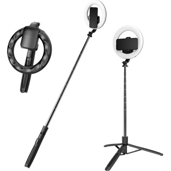 Techsuit - Selfie Stick - Stable Tripod with Bluetooth Remote Control and Ring Light, Stainless Steel, 170cm - Black - (Q05S)