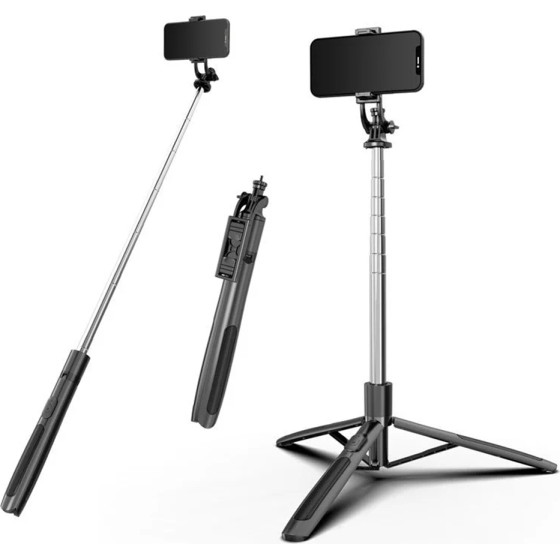 Techsuit - Selfie Stick - Stable Tripod with Bluetooth Remote Control, 360 Rotation, Stainless Steel, 158cm - Black - (Q05)