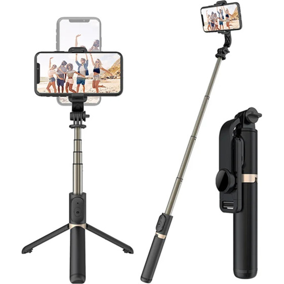 Techsuit - Selfie Stick - Stable Tripod with Bluetooth Remote Control, Aluminium Alloy, 360 Rotation, 74cm - Black - (Q03)