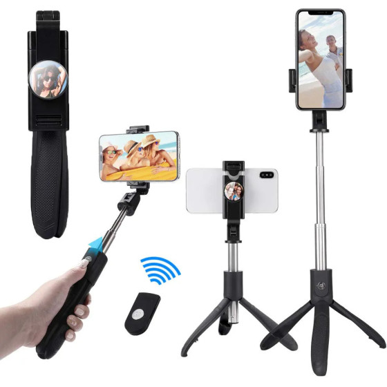 Techsuit - Selfie Stick - Stable Tripod with Bluetooth Remote Control, Foldable, 360 Rotation, 70cm - Black - (K06)