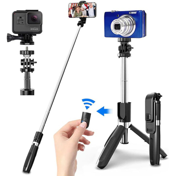 Techsuit - Selfie Stick - Stable Tripod with Bluetooth Remote Control, GoPro Compatible, 360 Rotation, 100cm - Black - (L02)