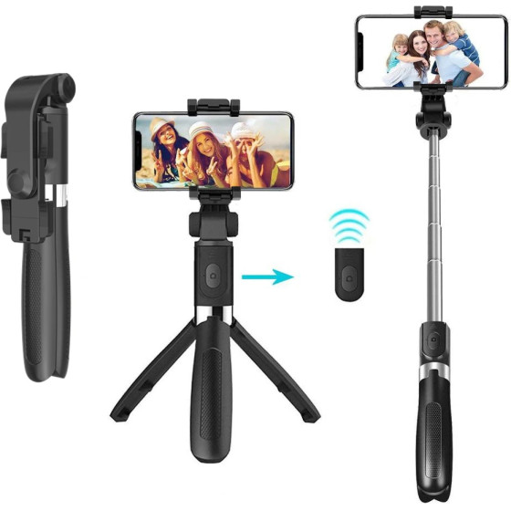 Techsuit - Selfie Stick - Tripod Stable Mount with Extendable Arm, Bluetooth Remote Control, 70cm - Black - (L01)