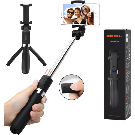 Techsuit - Selfie Stick - Tripod Stable Mount with Extendable Arm, Bluetooth Remote Control, 70cm - Black - (L01S)