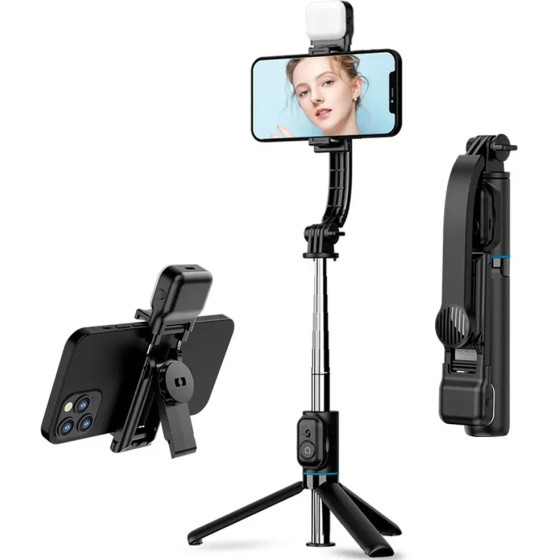 Techsuit - Selfie Stick - with Foldable Stable Tripod, Bluetooth Remote Control, Fill Light, 107cm - Black - (C01S)