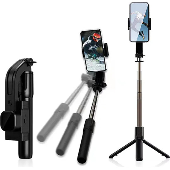 Techsuit - Selfie Stick Gimbal - Compact Tripod Mount with Bluetooth Remote Control, LED Fill Light, 360, 76cm - Black - (C06)