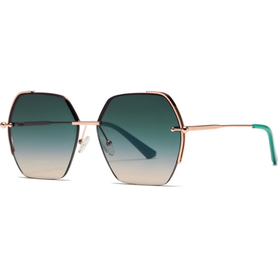 Techsuit - Sunglasses (8561) - for Women with Metal Frame and Nylon Lens, Hexagonal - Rose Gold / Green
