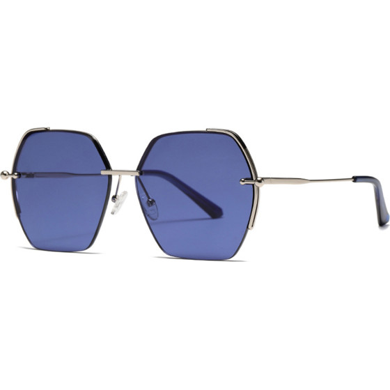 Techsuit - Sunglasses (8561) - for Women with Metal Frame and Nylon Lens, Hexagonal - Silver / Blue