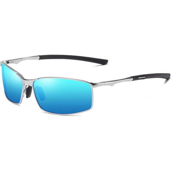 Techsuit - Sunglasses Polarized (559) - for Men, with UV Protection and Metal Frame, Rectangular - Silver / Blue Mirror