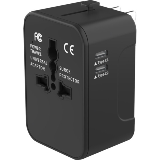 Techsuit - Travel Adapter (HHT202-2C) - 2 x USB-C, EU, UK, AUS, US - Black