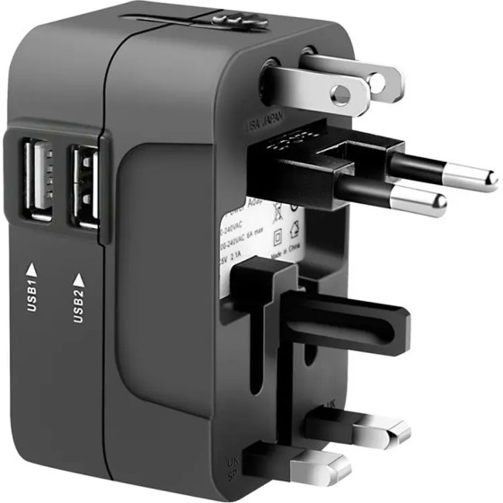 Techsuit - Travel Adapter (HHT202) - 2 x USB, EU, UK, AUS, US - Black - (HHT202;BLACK)