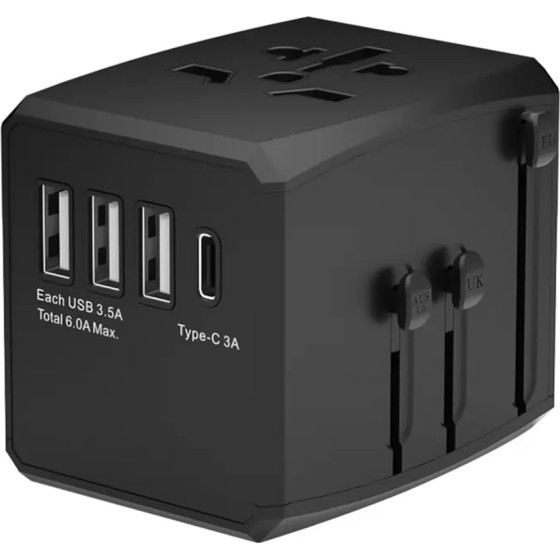 Techsuit - Travel Adapter (HHT904) - PD15W, 3 x USB, Type-C, EU, UK, AUS, US - Black