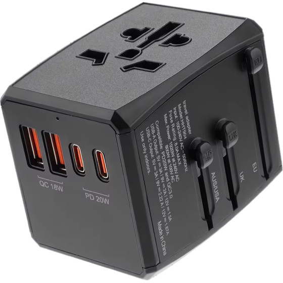 Techsuit - Travel Adapter (HHT904) - PD20W, 2 x USB, 2 xType-C, EU, UK, AUS, US - Black