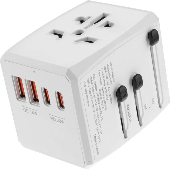 Techsuit - Travel Adapter (HHT904) - PD20W, 2 x USB, 2 xType-C, EU, UK, AUS, US - White