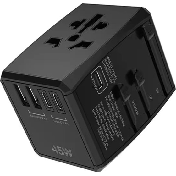 Techsuit - Travel Adapter (HHT905) - PD45W, 2 x USB, 3 x Type-C, EU, UK, AUS, US - Black