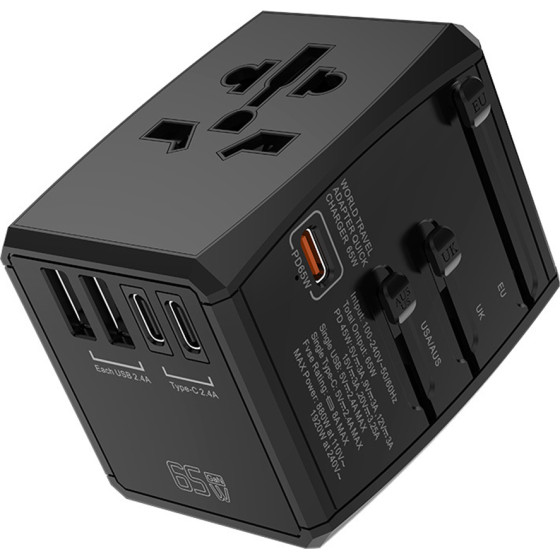 Techsuit - Travel Adapter (HHT906) - PD65W, 2 x USB, 3 x Type-C, EU, UK, AUS, US - Black