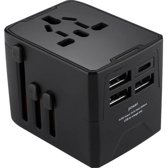 Techsuit - Travel Adapter - 3 x USB, Type-C, EU, UK, AUS, US - Black - (HHT520)