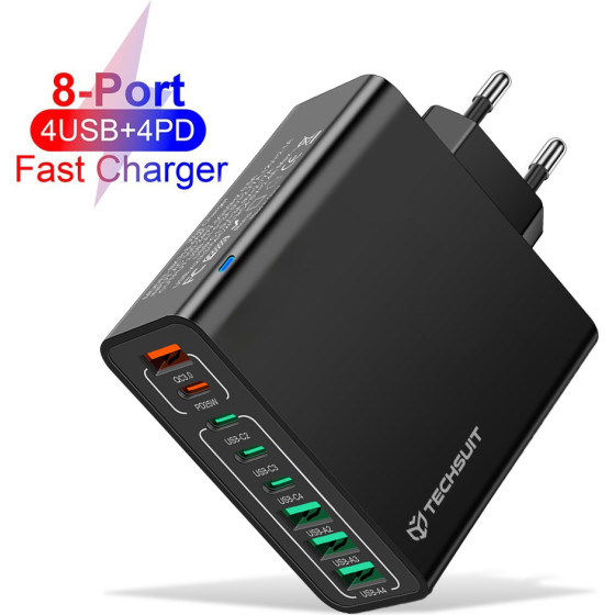 Techsuit - Wall Charger (CHPD224) - 4 x USB, 4 X Type-C, Fast Charging, 65W - Black - (CTH1B)