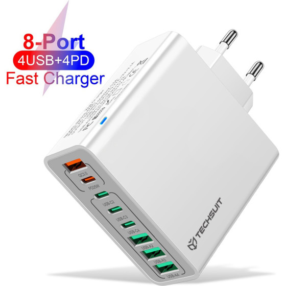 Techsuit - Wall Charger (CHPD224) - 4 x USB, 4 X Type-C, Fast Charging, 65W - White - (CTH1A)