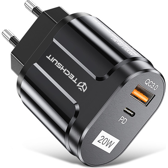 Techsuit - Wall Charger Premium (CHPD038) - USB-A, QC 3.0, USB-C, 20W - Black - (CHPD038;BLACK)