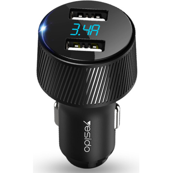 Yesido - Car Charger - 2x USB, LED Display, QC 3.0, 18W, 3A - Black - (Y31)
