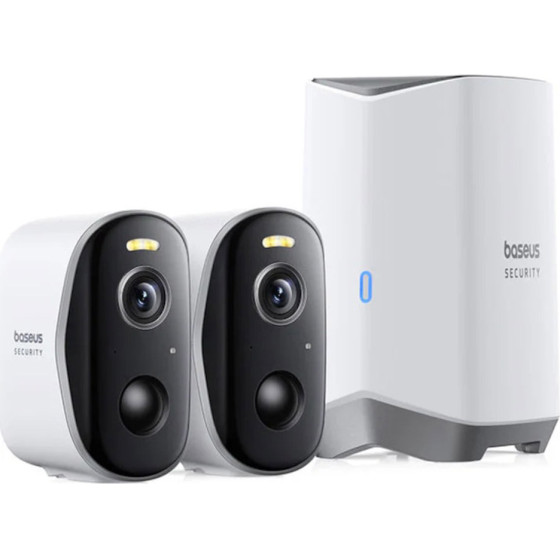 Baseus - Outdoor Camera Security N1 Plus (S0TY002131) - 2K, 16GB, 2 Camera Kit, Two-Way Talk, Night Vision, IP67 - Moon White