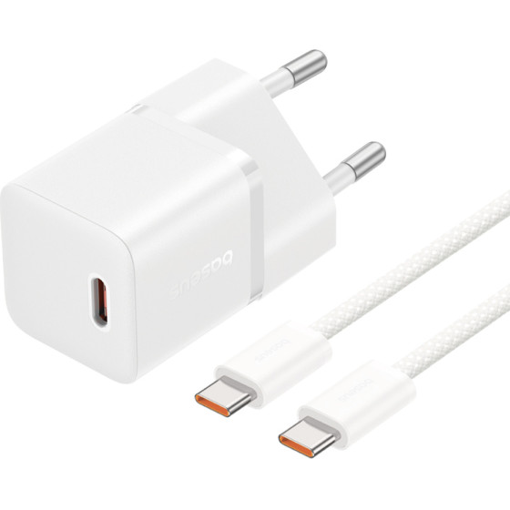 Baseus - Wall Charger - GaN, Type-C, 20W, With Cable Type-C To Type-C, 100W, 1m - Moon White - (P10110900213-01)
