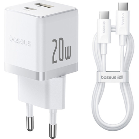 Baseus - Wall Charger Palm - 2in1 Fast Charger, USB, USB-C, Type-C Cable, 20W, 5V/3.0A, 1m - Moon White - (P10111608213-01)