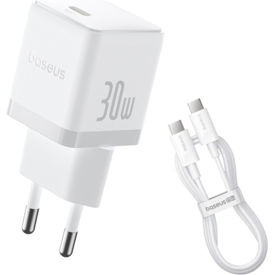Baseus - Wall Charger Palm - Fast Charger, With Type-C To Type-C Cable, 30W, 5V/3.0A, 1m - Moon White - (P10111605213-01)