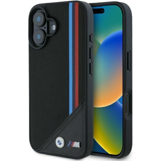 BMW - Leather M Meshed Tricolor Stripes Magsafe - Iphone 16 - Black - (BMHMP16S23PUTRK)