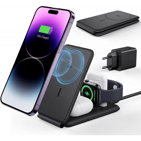 ESR - Premium 3in1 Travel Wireless Charging Set - For iPhone, Mfi Apple Watch, AirPods, Qi2 15W - Black - (2C569A)