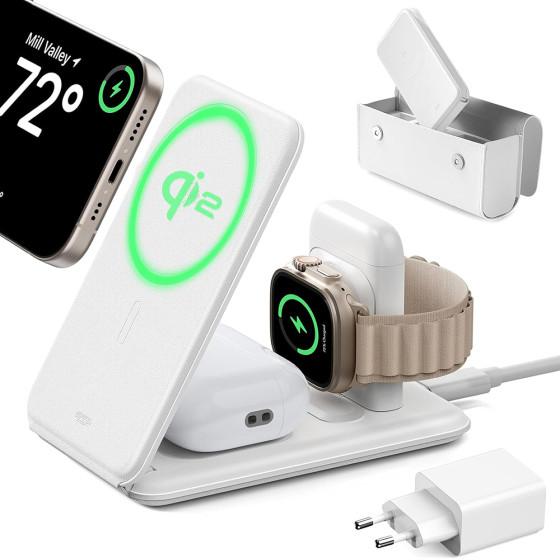 ESR - Premium Travel Wireless Charging Set (2C569) - With Bag Accessories, For iPhone, Mfi Apple Watch, AirPods, Qi2 - White
