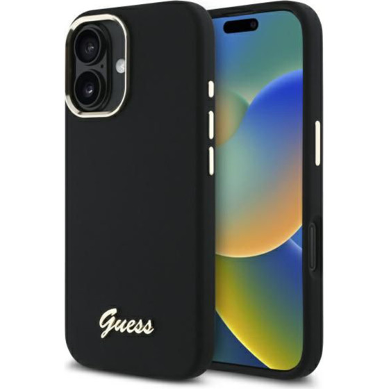Guess - Silicone Script Metal Logo & Frame - Iphone 16 Plus - Black - (GUHCP16MSMBSLK)