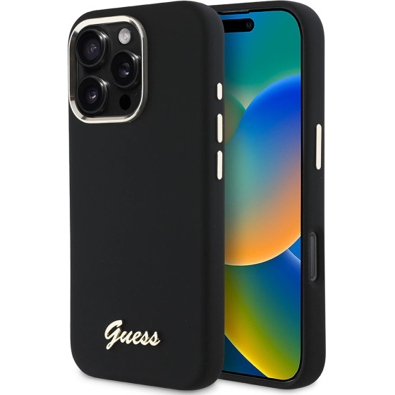 Guess - Silicone Script Metal Logo & Frame - Iphone 16 Pro - Black - (GUHCP16LSMBSLK)