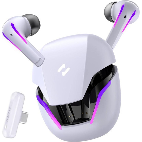 Havit - Wireless Earbuds - For Gaming, With Dongle, Bluetooth 5.3, RGB, Type-C, 400mAh - White - (TW970)