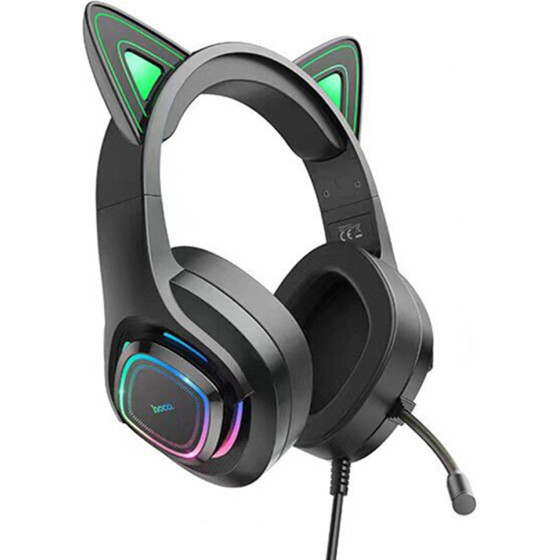 Hoco - Wired Headphones Cat Ears (W107) - For Gaming, Jack 3.5mm, With Microphone And Led Colorful Lights - Black / Green - (W107/GREEN)
