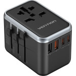 Vention - Travel Adapter - 2x USB-C, 2x USB, EU, UK, AUS, US, 65W, Gan Technology, Fast Charging - Black - (FJFB0)