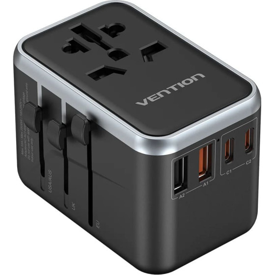 Vention - Travel Adapter - 2x USB-C, 2x USB, EU, UK, AUS, US, 65W, Gan Technology, Fast Charging - Black - (FJFB0)
