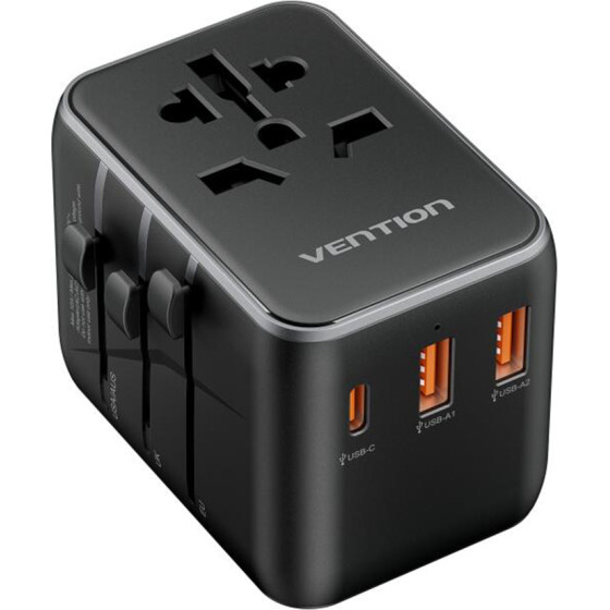 Vention - Travel Adapter - Type-C, 2x USB, EU, UK, AUS, US, 20W, Fast Charging, Compact - Black - (FJEB0)