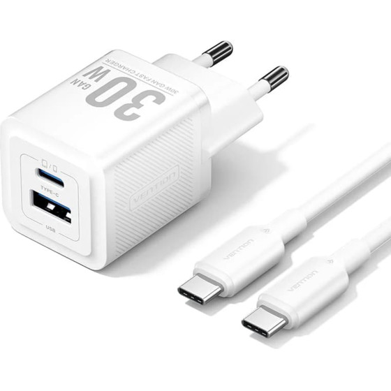 Vention - Wall Charger - Type-C, USB, Eu Plug, PD30W, GaN, Fast Charging, With Cable Type-C, 1m - White - (TZ-FEQW0-EU-01)