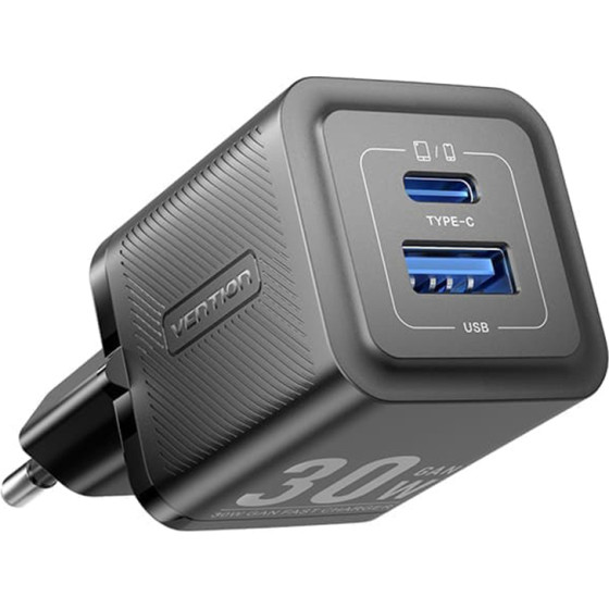 Vention - Wall Charger - Type-C, USB, PD30W, GaN, Dual Fast Charging, Low Temperature Technology, Eu Plug - Black - (FEQB0-EU)