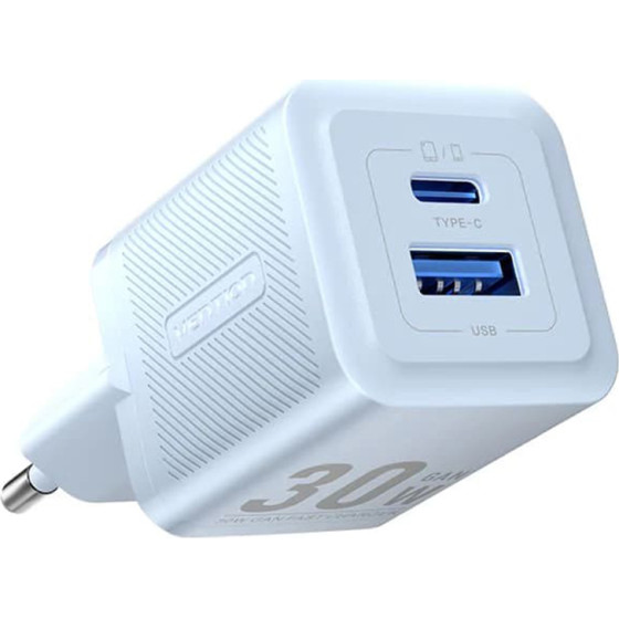 Vention - Wall Charger - Type-C, USB, PD30W, GaN, Dual Fast Charging, Low Temperature Technology, Eu Plug - Bleu - (FEQL0-EU)